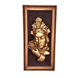 Vintage 50s 60s MCM 3D Gold Chinese Girl Lotus Flower Tretchikoff Green Girl Art